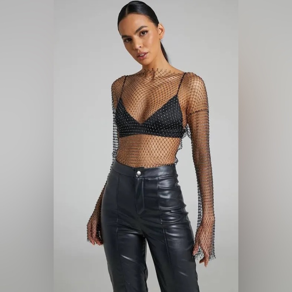 Black Mesh Long Sleeve Top with rhinestones all over bell sleeves round neck